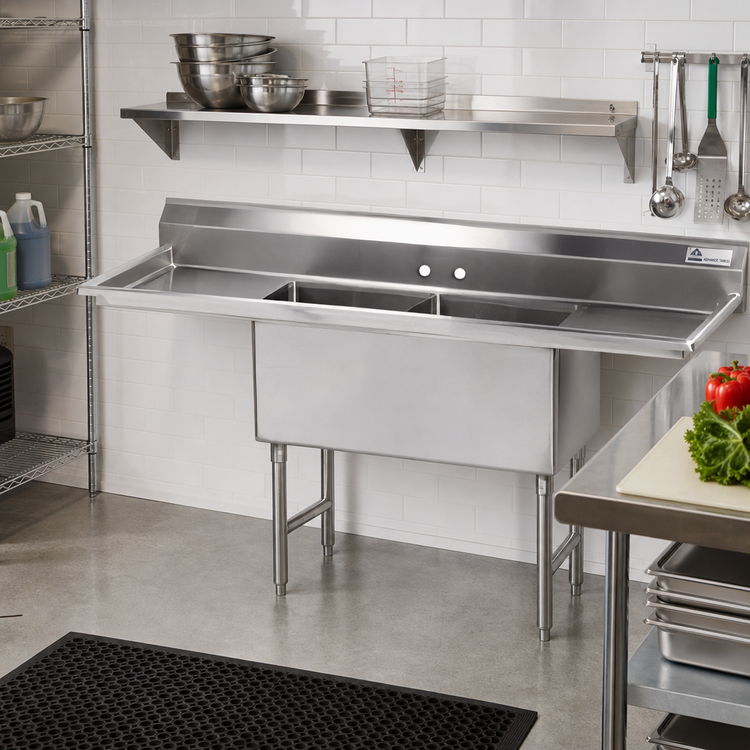 Product image #2 for Advance Tabco Special Value Series 72-Inch 2-Compartment 304 Stainless Steel Fabricated Sink with Left and Right Drainboards