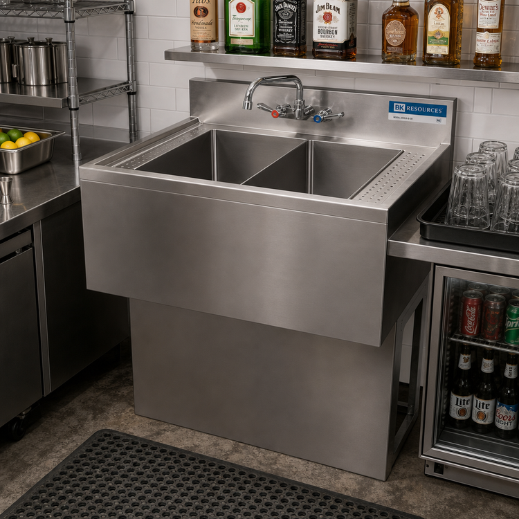 Product image #2 for BK Resources Slim-Line Two-Compartment Underbar Sink with Dual Drainboards and Faucet, 48 Inch Wide