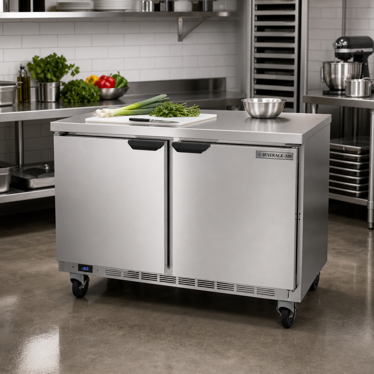 Product image #2 for Beverage-Air 48-Inch Two-Section Worktop Freezer with Flat Top and Solid Doors
