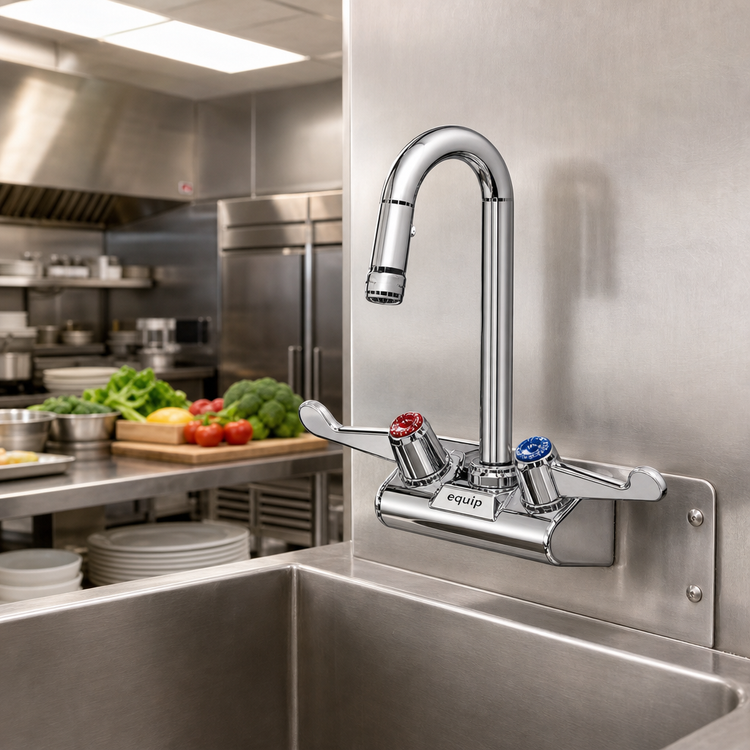 Product image #2 for equip 4-Inch Wall Mount Low-Lead Mixing Faucet with 3-Inch Swivel Gooseneck and Wrist Handles