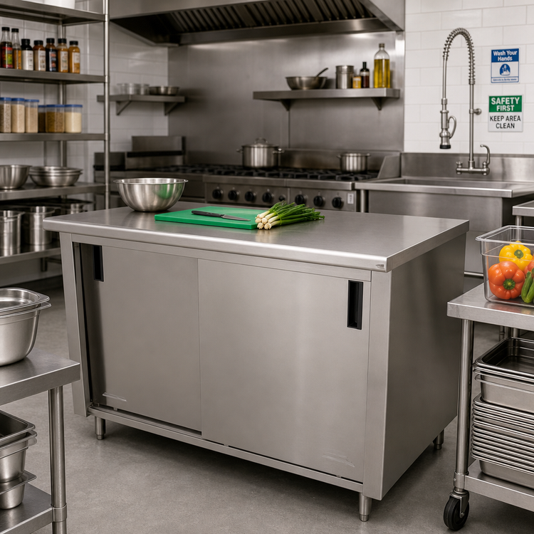 Product image #2 for Advance Tabco CB-SS-364 Enclosed Work Table with Sliding Door Cabinet Base, 48 x 36 Inch, 14 Gauge 304 Stainless Steel Top