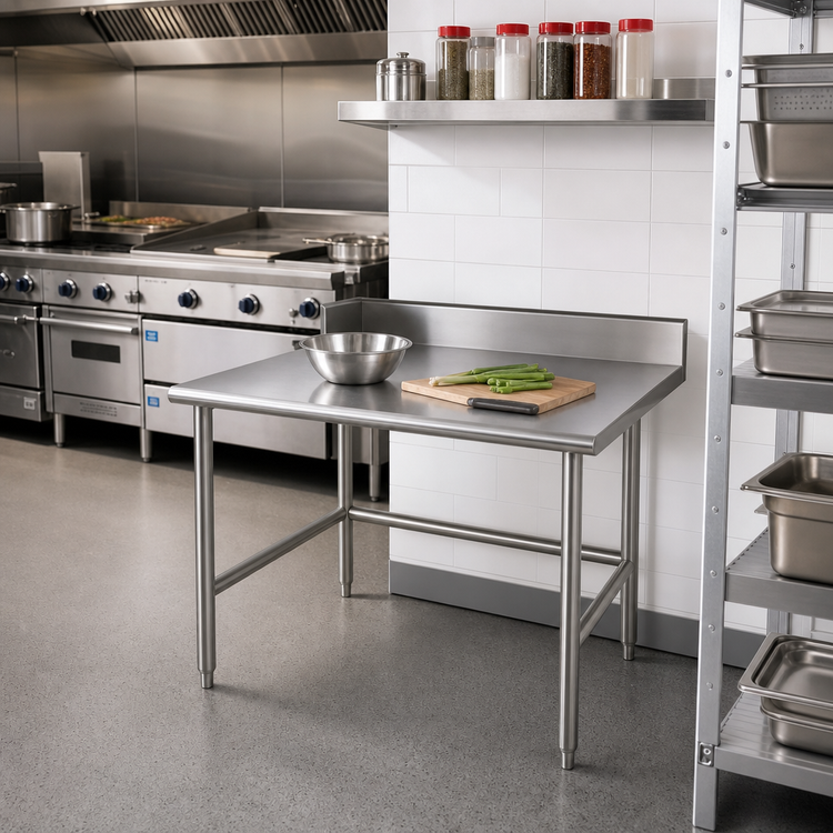 Product image #2 for Advance Tabco 30" x 30" 14 Gauge 304 Stainless Steel Corner Work Table with 5" Backsplash