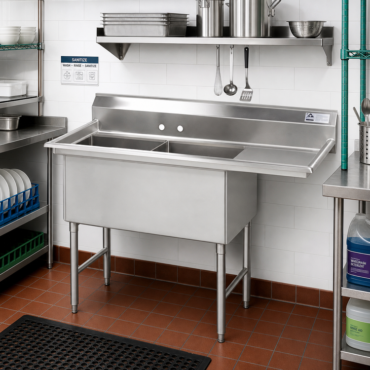 Product image #2 for Advance Tabco Special Value Series 2-Compartment Fabricated Sink with Right Drainboard, 24 x 24 x 14-Inch Bowls, 16-Gauge 304 Stainless Steel