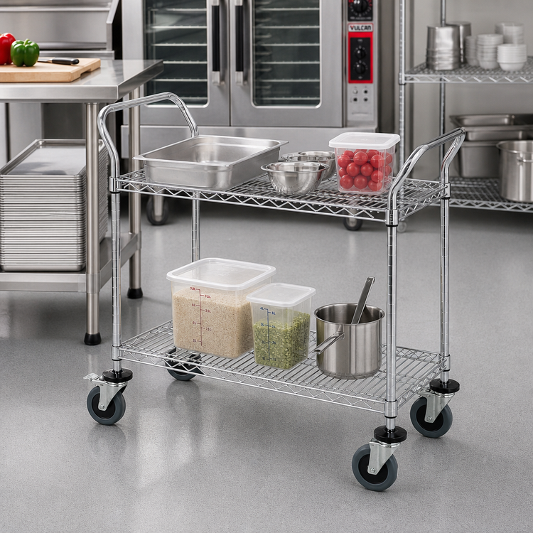 Product image #2 for Quantum Conductive Utility Bus Cart with 2 Wire Shelves, 1200 lb Capacity, Chrome Plated, 36 x 18 x 37.5 Inches