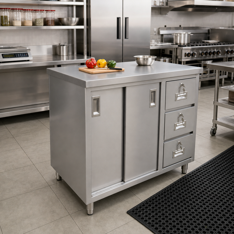 Product image #2 for Omcan USA Enclosed Stainless Steel Work Table with Sliding Doors and 3 Drawers, 48 x 24 x 36 Inches