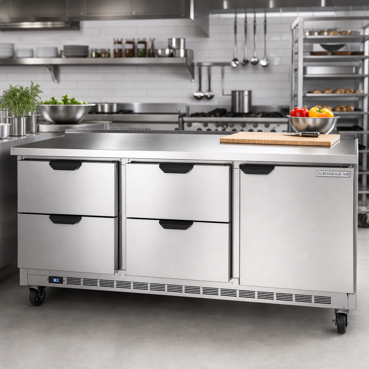 Product image #2 for Beverage-Air 72-Inch Three-Section Worktop Refrigerator with 4 Drawers and 1 Door