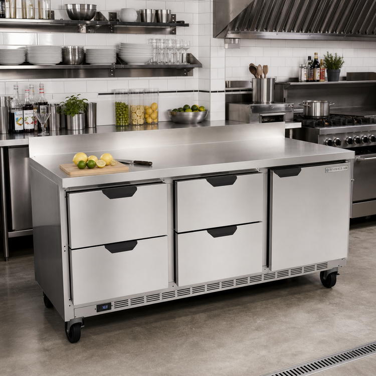 Product image #2 for Beverage-Air 72-Inch Three-Section Worktop Refrigerator with 4 Drawers and 1 Door