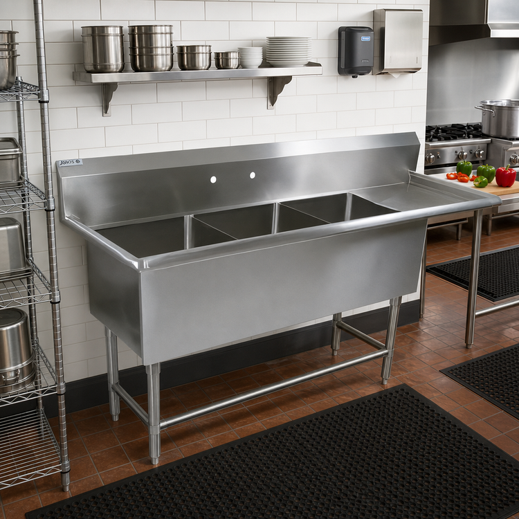 Product image #2 for John Boos Pro-Bowl 3-Compartment Commercial Sink with Right-Hand Drainboard, 14-Gauge Stainless Steel, 82-3/16 x 23-1/2 x 44-1/16 Inches