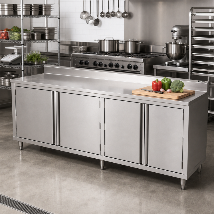 Product image #2 for John Boos 108" x 24" Stainless Steel Enclosed Work Table with Cabinet Base, Hinged Doors & 5" Backsplash