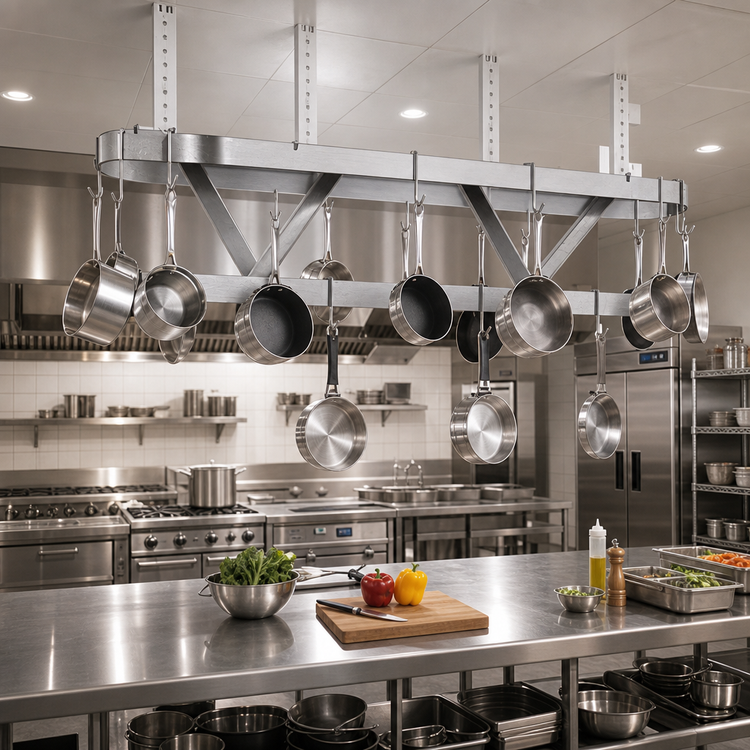 Product image #2 for Advance Tabco 144-Inch Ceiling-Mounted Triple-Bar Stainless Steel Pot Rack with 18 Double Hooks