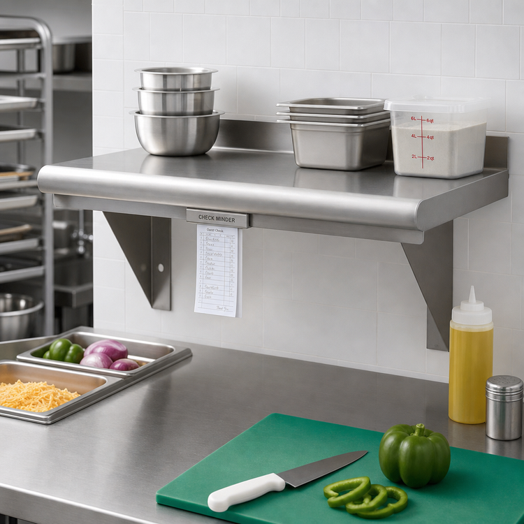 Product image #2 for Advance Tabco 60"W x 12"D Wall-Mounted 430 Stainless Steel Shelf with Check Minder