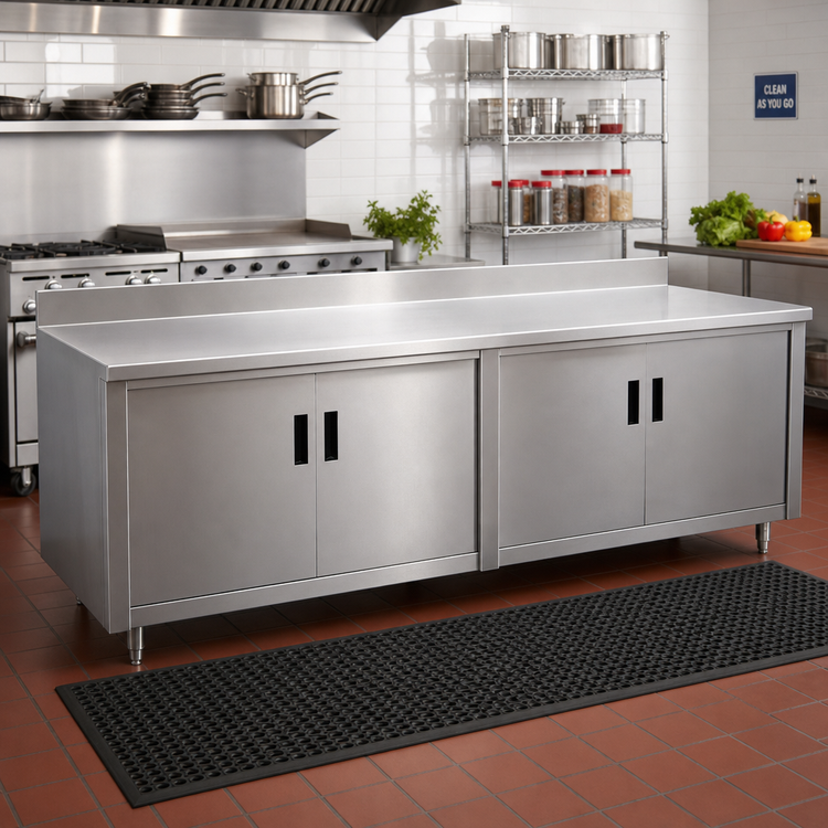 Product image #2 for Advance Tabco Special Value Series Enclosed Work Table with Cabinet Base, Mid-Shelf and Hinged Doors, 84 x 30 Inches, 16 Gauge 304 Stainless Steel Top, 5-Inch Backsplash