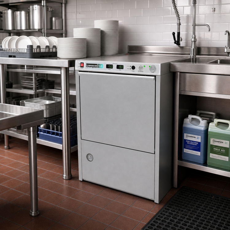 Product image #3 for Champion UH130B MAX High-Temperature Sanitizing Undercounter Dishwasher, 20 x 20 Rack, 25 Racks/Hour