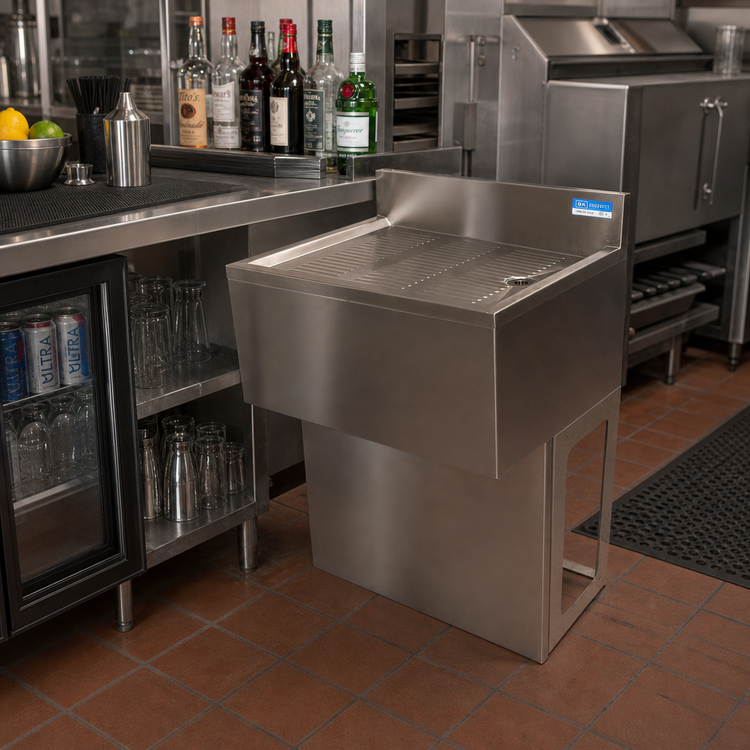 Product image #2 for BK Resources 12-Inch Wide Freestanding Underbar Drain Board with Pedestal Base and Included Drain, 21-1/4-Inch Deep
