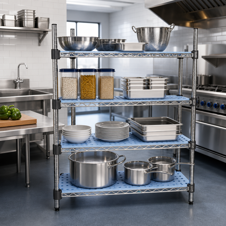 Product image #2 for QuadPlus Blue Polymer Louvered Shelf Mat with Chrome Frame, 48"W x 24"D