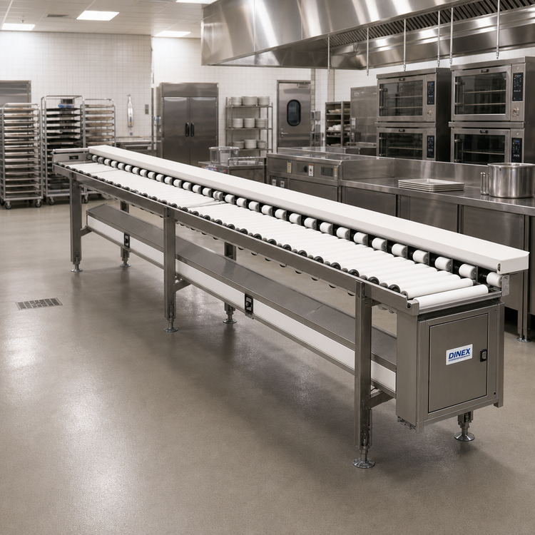Product image #2 for Dinex DXIESR18 Tray Make-Up Conveyor with PVC Rollers, 18 ft. Section