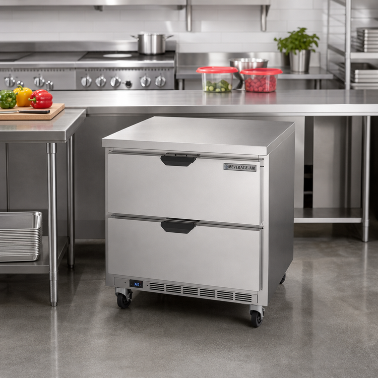 Product image #2 for Beverage-Air 36-Inch One-Section Worktop Drawer Refrigerator, Flat Top, 2 Drawers, Self-Contained R290, 8.5 Cu. Ft.