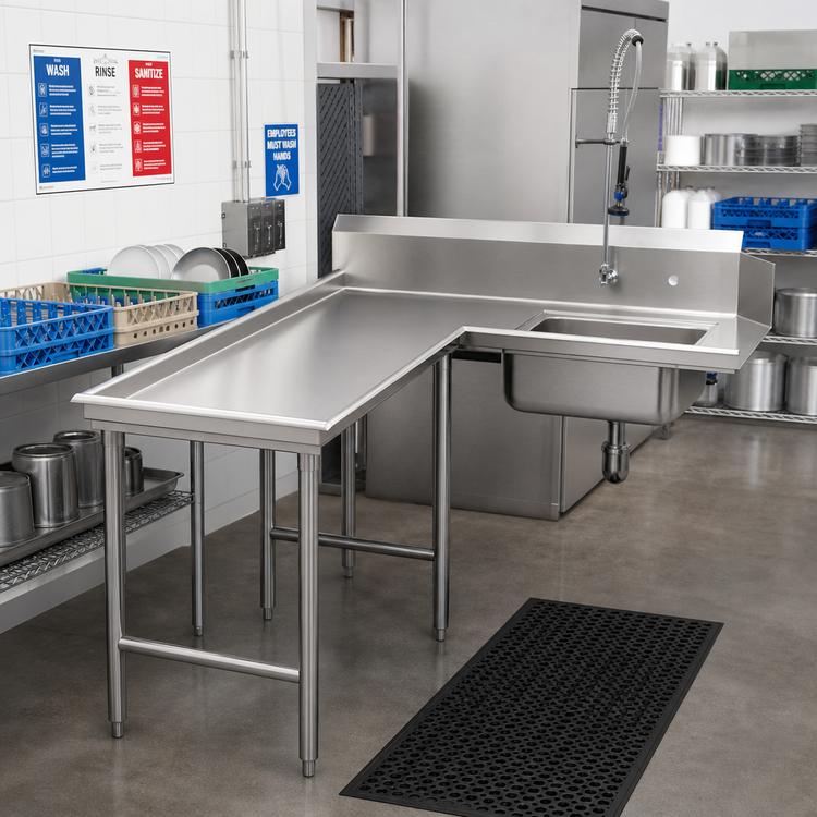 Product image #2 for Advance Tabco Left-Hand L-Shaped Island Soil Dishtable with Pre-Rinse Sink, 83-Inch, 16 Gauge 304 Stainless Steel