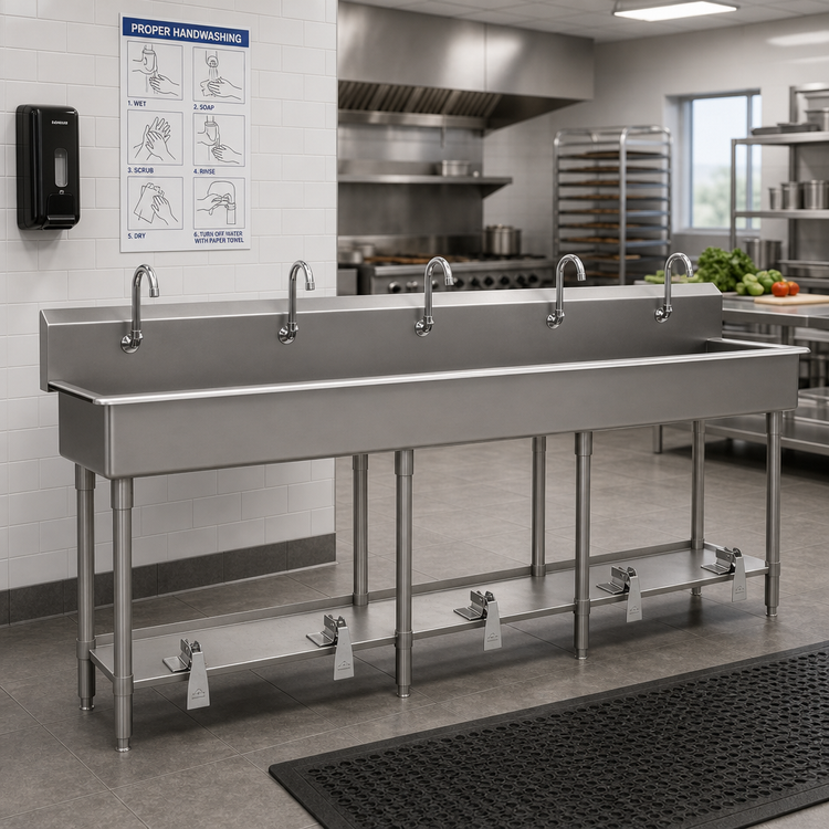 Product image #2 for Advance Tabco 5-Station Freestanding Toe-Push Multiwash Hand Sink with Gooseneck Spouts, 100 Inch, 304 Stainless Steel