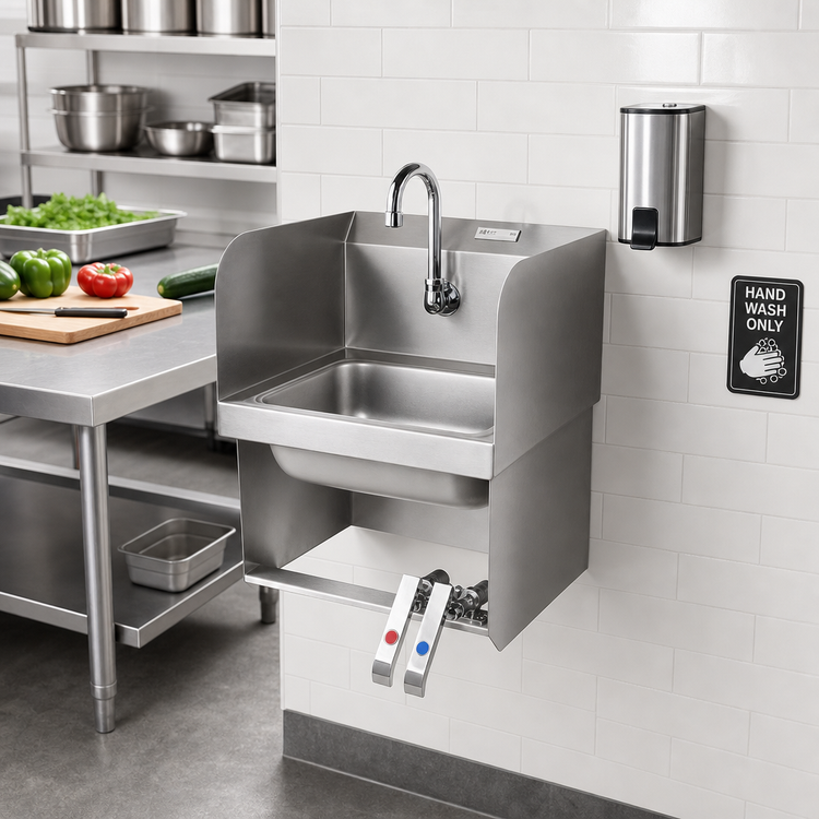 Product image #2 for John Boos Pro-Bowl Wall-Mount Stainless Steel Hand Wash Sink with Double Knee Valves, Side Splashes, and Gooseneck Spout