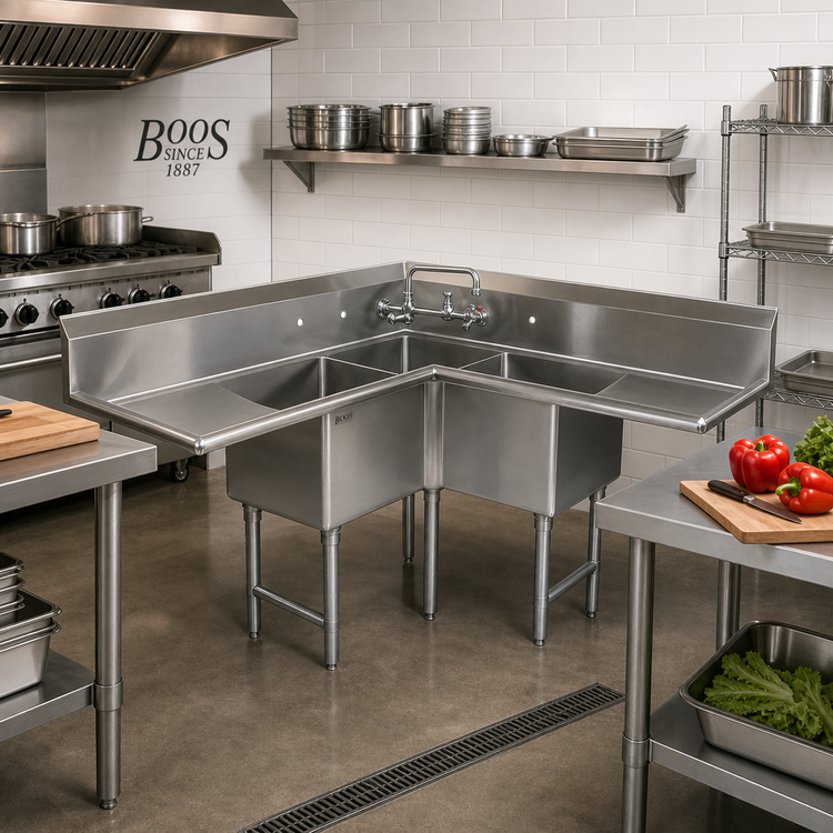 Product image #2 for John Boos E3BCS-244-2D24-X 18 Gauge 3-Compartment Stainless Steel Corner Sink with Dual 24-Inch Drainboards
