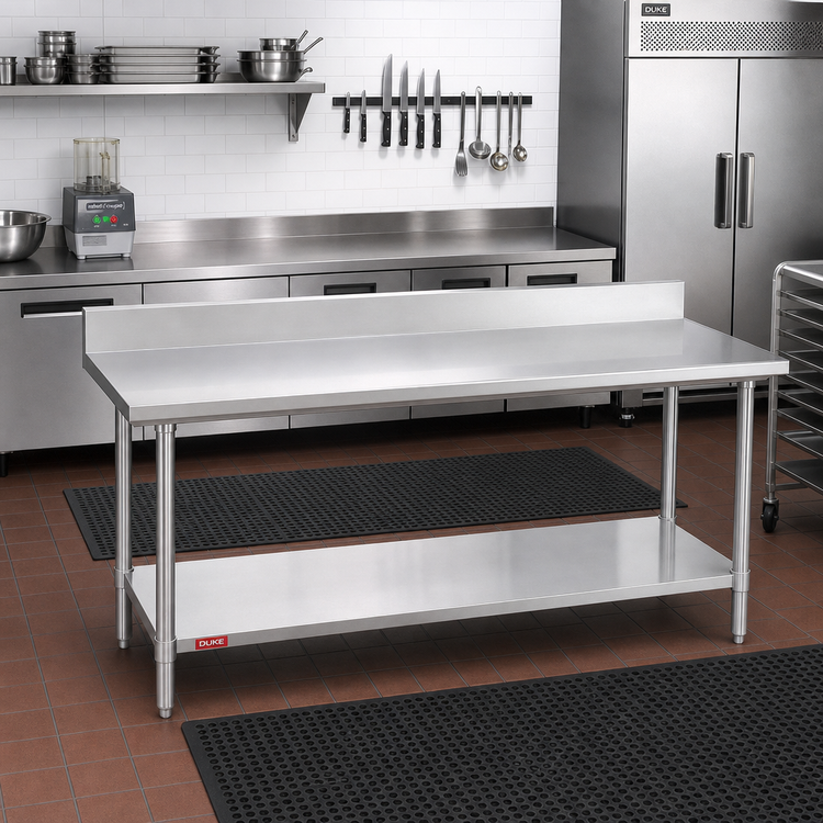Product image #2 for Duke Deluxe 60 Inch x 30 Inch 16 Gauge 300 Series Stainless Steel Work Table with 5 Inch Riser and Stainless Undershelf