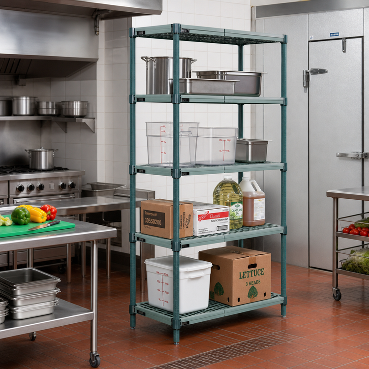 Product image #2 for Quantum 4-Tier Wire Plastic Mat Stationary Shelving Unit, 42"W x 18"D x 74"H, Green Epoxy Antimicrobial Finish