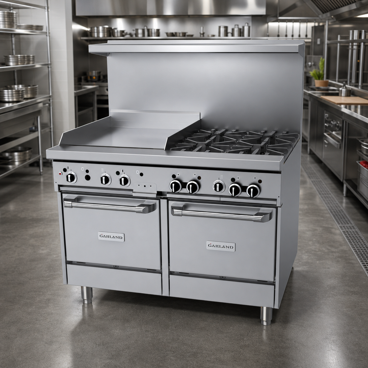 Product image #2 for Garland GFE Starfire Pro 48-Inch Gas Restaurant Range with 4 Open Burners, 24-Inch Griddle, and 2 Space Saver Ovens