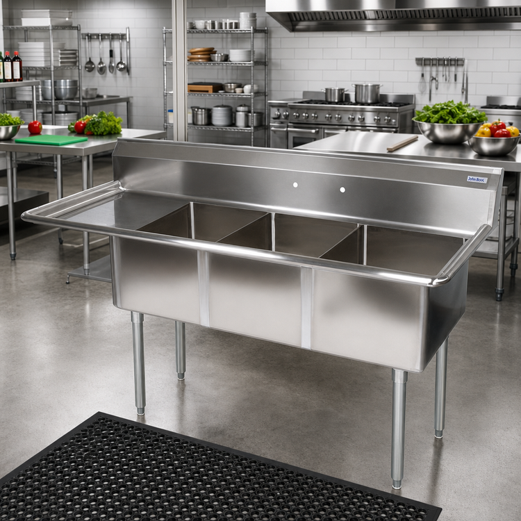 Product image #2 for John Boos E-Series Floor Model 3-Compartment Stainless Steel Sink with Left Drainboard, 80-1/2 Inch Wide