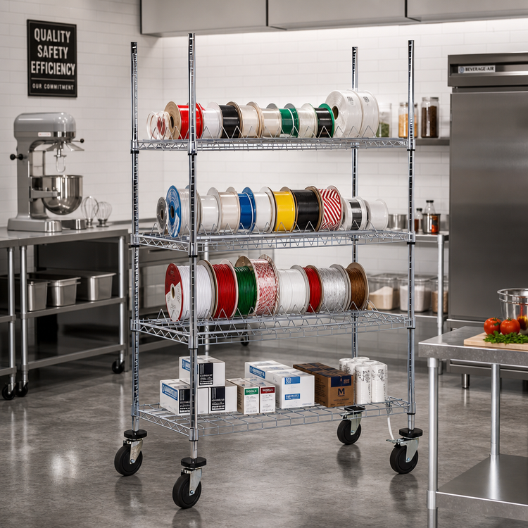 Product image #2 for Quantum 36" x 18" x 69" Reel Shelving Cart with 4 Wire Shelves, Chrome Plated