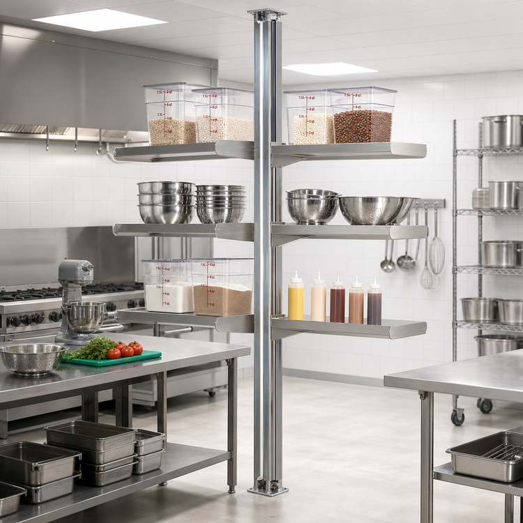 Product image #2 for NSF Stainless Steel Back-To-Back Cantilever Shelving Upright, 96-Inch Floor-To-Ceiling Mount