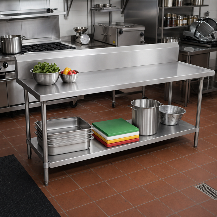 Product image #2 for Advance Tabco 108-Inch x 36-Inch 14-Gauge 304 Stainless Steel Work Table with 10-Inch Backsplash and Undershelf
