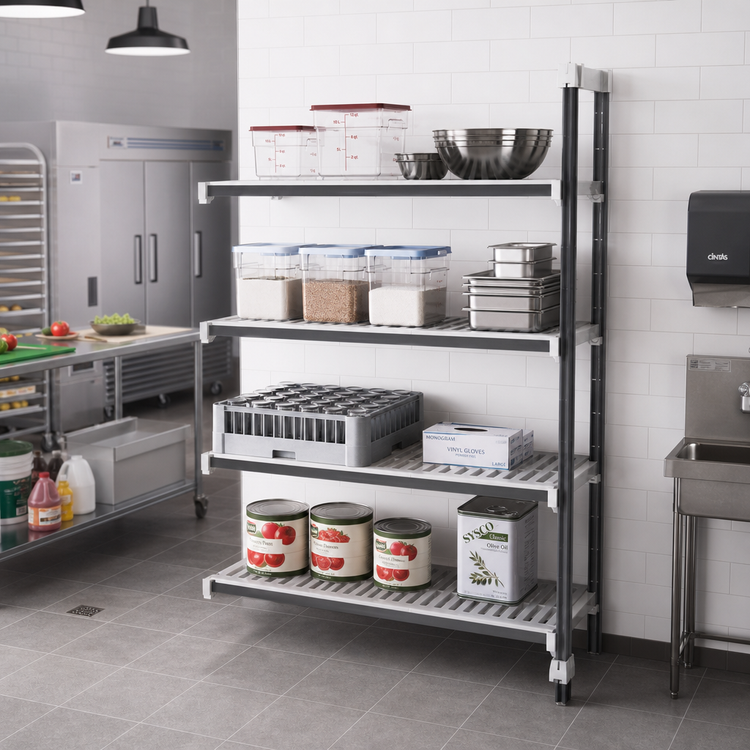 Product image #2 for Cambro Camshelving Elements XTRA 21-Inch Deep x 42-Inch Wide x 64-Inch High 4-Tier Vented Stationary Add-On Shelving Unit, Speckled Gray