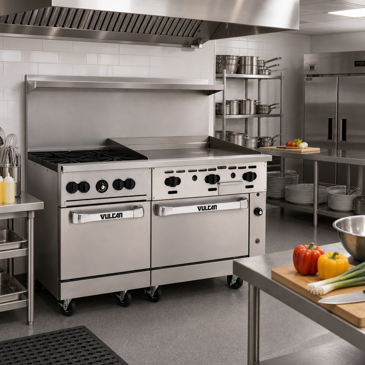 Product image #2 for Vulcan Endurance 60-Inch Gas Restaurant Range with 4 Open Burners, 36-Inch Griddle, and 2 Standard Oven Bases
