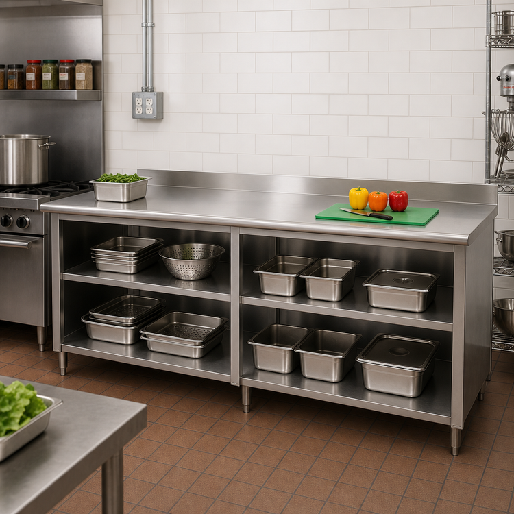 Product image #2 for Advance Tabco Special Value Series 120" x 24" 16-Gauge 304 Stainless Steel Open Base Work Table with 5" Backsplash and Mid-Shelf