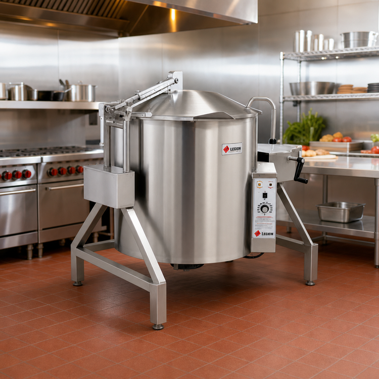 Product image #2 for Legion TLGB-30F Low-Rim Tilting Kettle — 30-Gallon Self-Contained Gas Floor Model with 304 Stainless Steel Liner