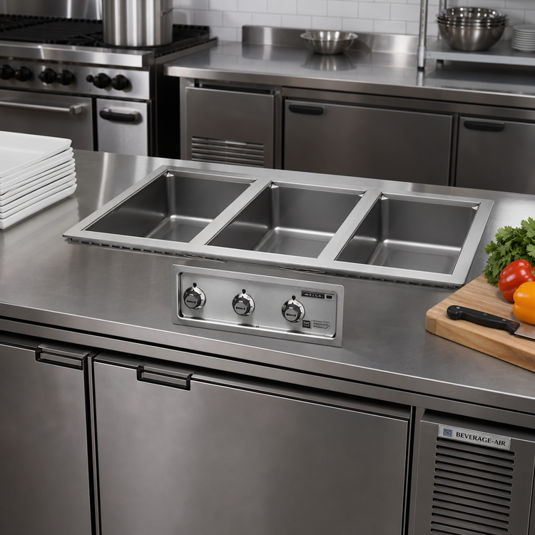 Product image #2 for Wells MOD-300DM Three-Well Top-Mount Built-In Electric Drop-In Food Warmer with Drains and Manifold