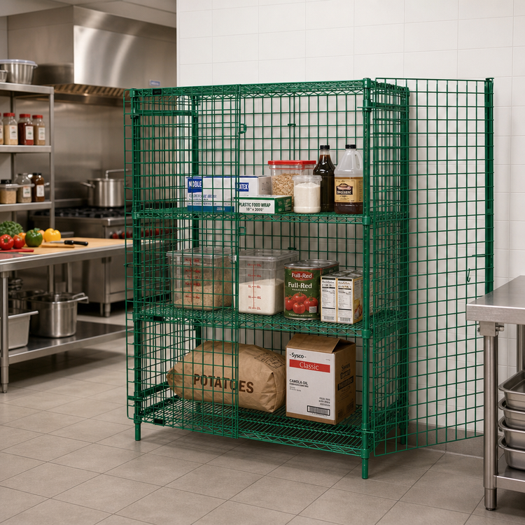 Product image #2 for Quantum Stationary Wire Security Cage Unit with Doors and 2 Intermediate Shelves, 36W x 18D x 63H, Green Epoxy