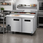 Thumbnail image #2 for Hoshizaki Steelheart PR60B 60-Inch Two-Section Reach-In Pizza Prep Table with 8-Pan Rail and White Poly Cutting Board