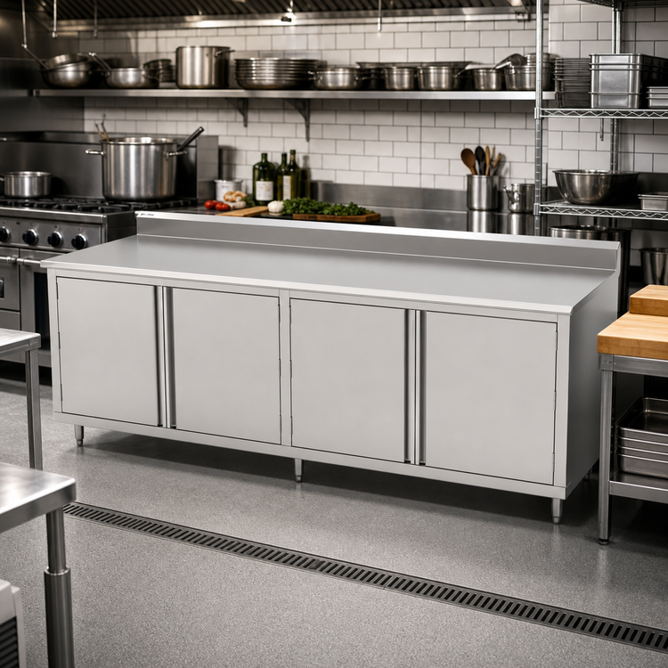 Product image #2 for John Boos Enclosed Stainless Steel Work Table with Hinged Doors, 120"W x 24"D, 14-Gauge Top, 5" Backsplash