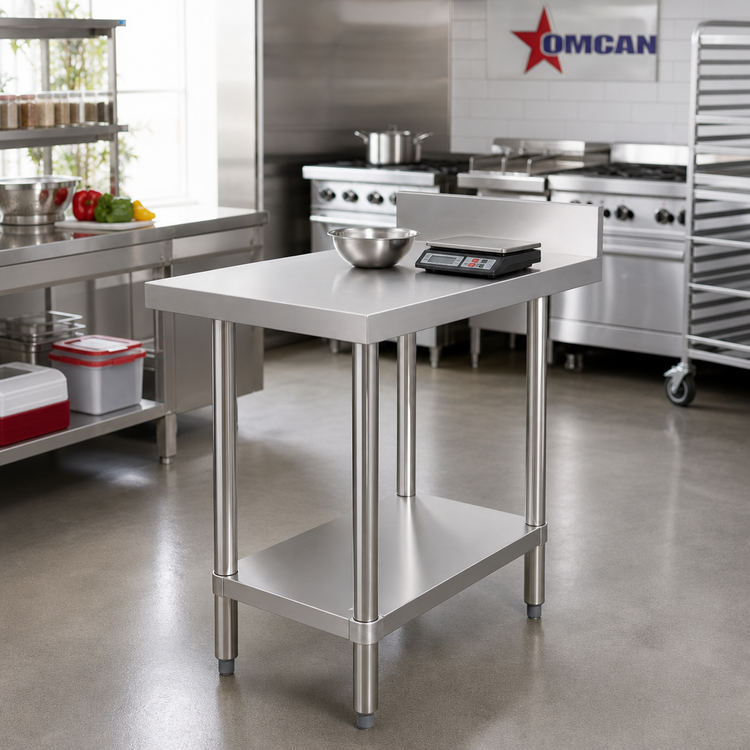 Product image #2 for Omcan 18-Inch x 30-Inch 304 Stainless Steel Equipment Filler Table with 4-Inch Backsplash and Undershelf