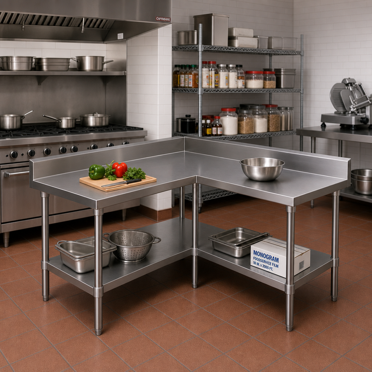 Product image #2 for John Boos L-Shaped Stainless Steel Corner Work Table with 5-Inch Backsplash, 60 x 60 x 40-3/4 Inches