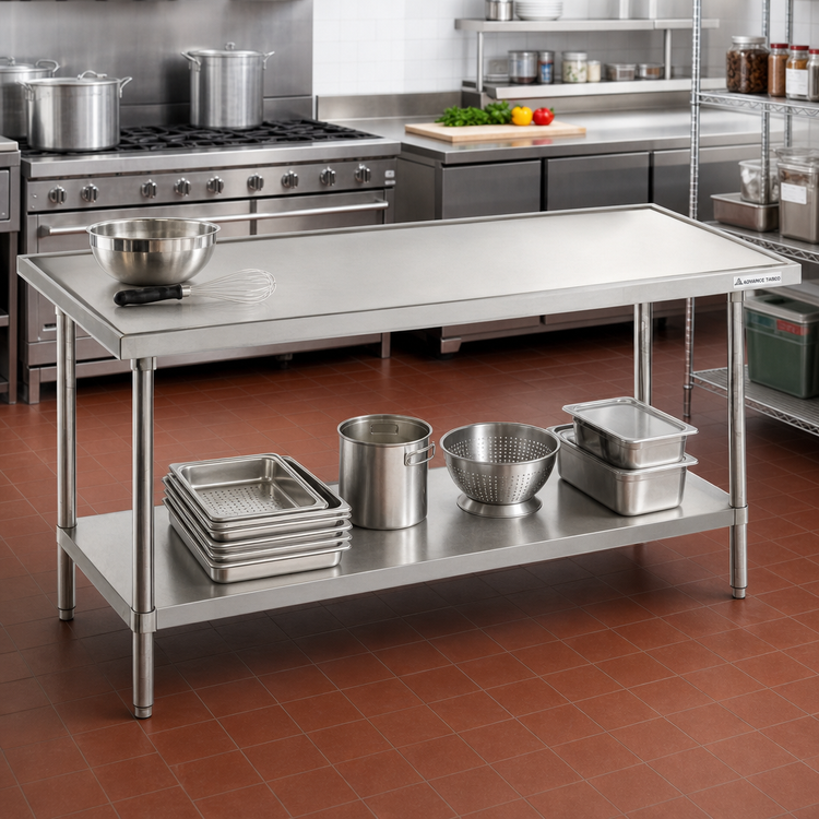 Product image #2 for Advance Tabco 84 Inch x 30 Inch 14-Gauge 304 Stainless Steel Flat Top Work Table with Adjustable Galvanized Undershelf