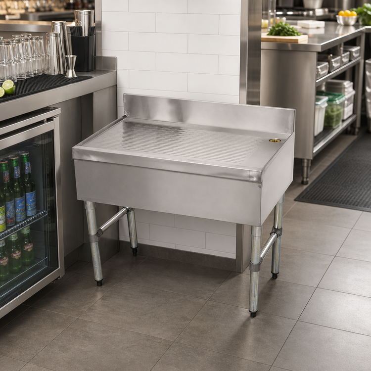 Product image #2 for Advance Tabco Special Value Series Free-Standing Underbar Drainboard with 4-Inch Backsplash, 24 x 21 x 33 Inches
