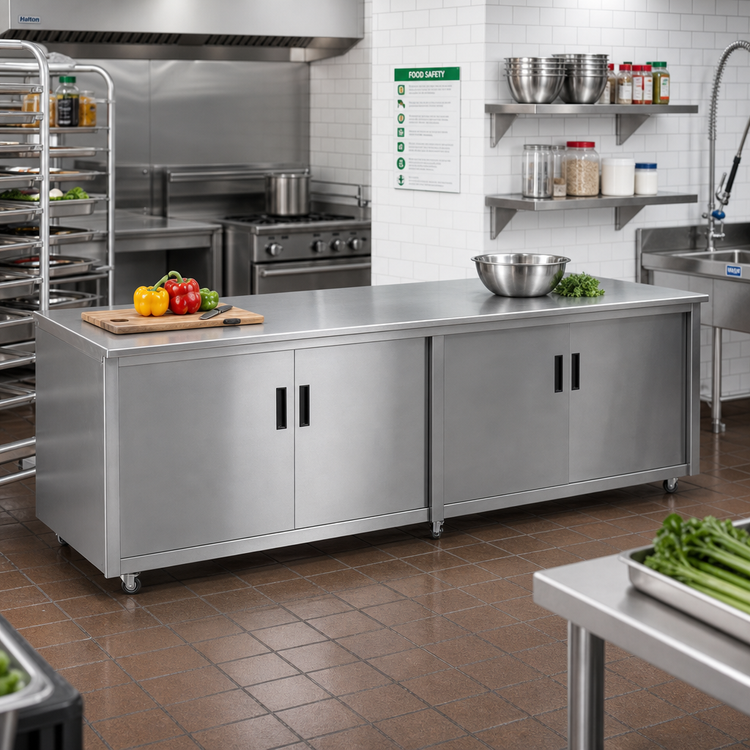 Product image #2 for Advance Tabco Special Value Series Enclosed Work Table with Cabinet Base, Mid-Shelf and Hinged Doors, 120 x 24 Inch, 16-Gauge 304 Stainless Steel Top
