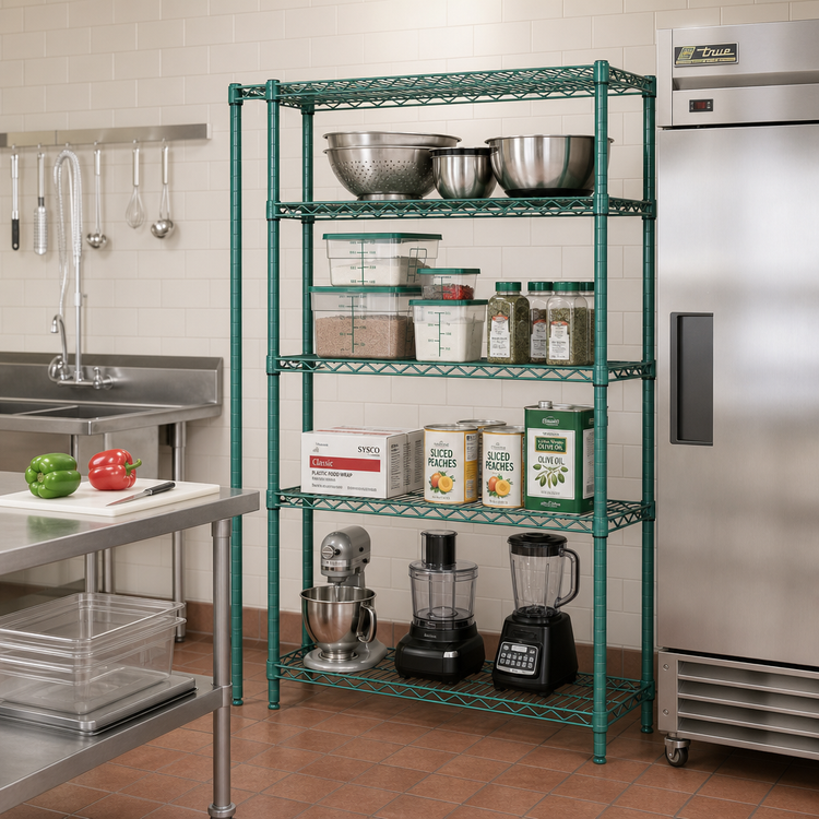 Product image #2 for Quantum 36" W x 36" D x 86" H Stationary Wire Shelving Starter Kit with 4 Shelves, 4 Posts, Green Epoxy Antimicrobial Finish