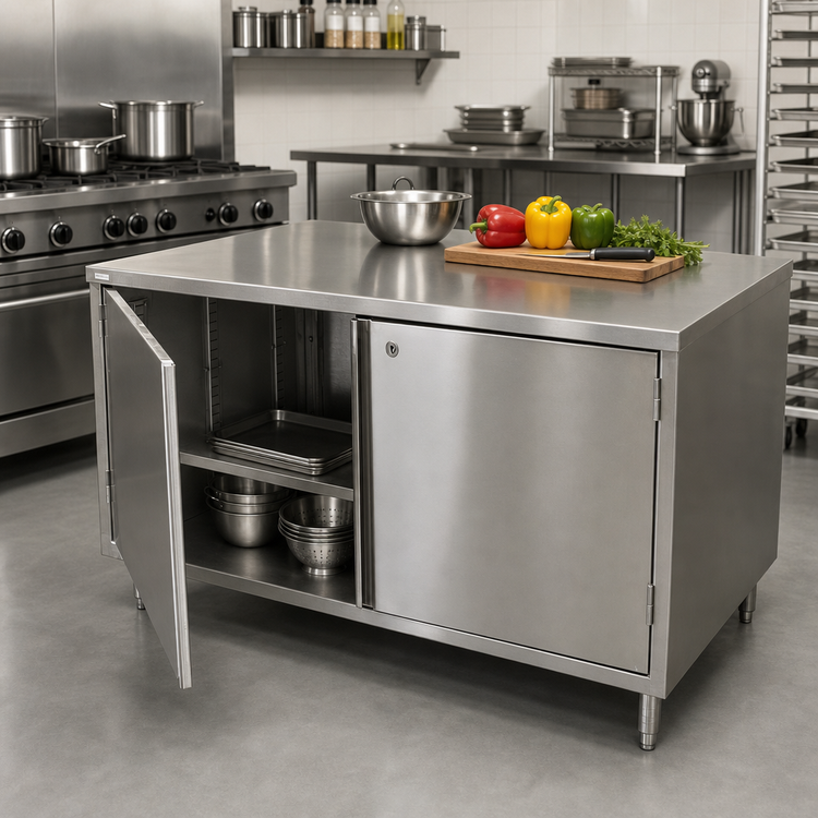 Product image #2 for BK Resources Dual-Access Chef Table Cabinet Base with Locking Hinged Doors, 60 x 30 x 34-3/4 Inches