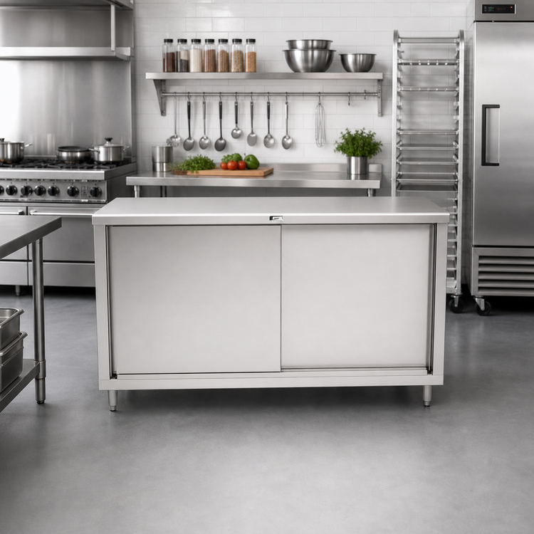 Product image #2 for John Boos 72 Inch x 30 Inch Stainless Steel Enclosed Work Table with Sliding Doors and Stallion Safety Edge