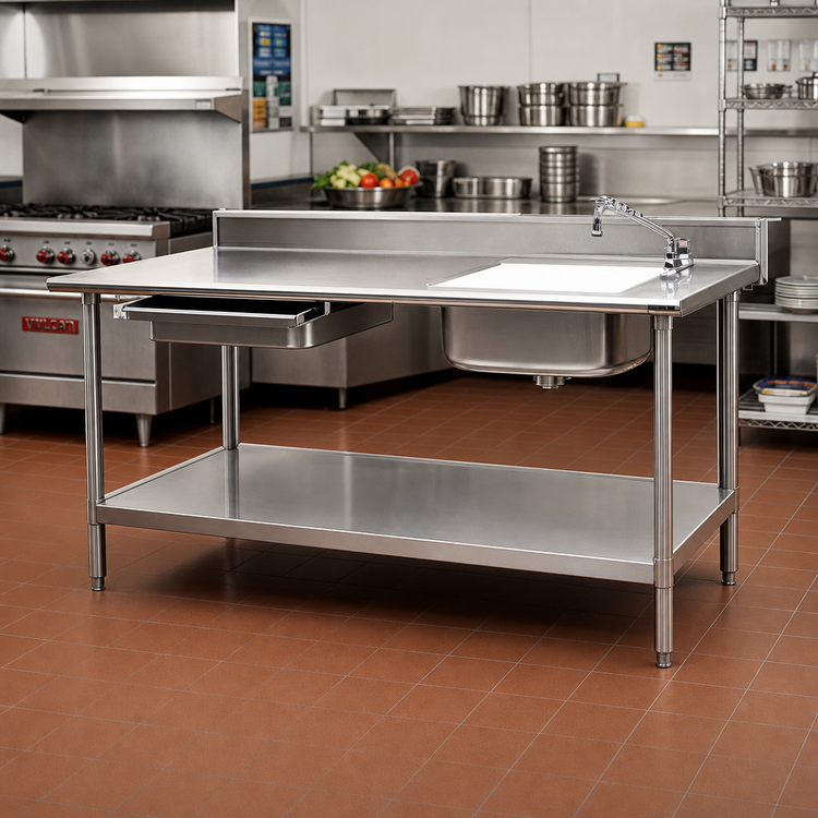 Product image #2 for Eagle Group Spec-Master Stainless Steel Prep Table With Right-Side Sink, Left-Side Drawer, Cutting Board, and Undershelf, 96-Inch W x 30-Inch D