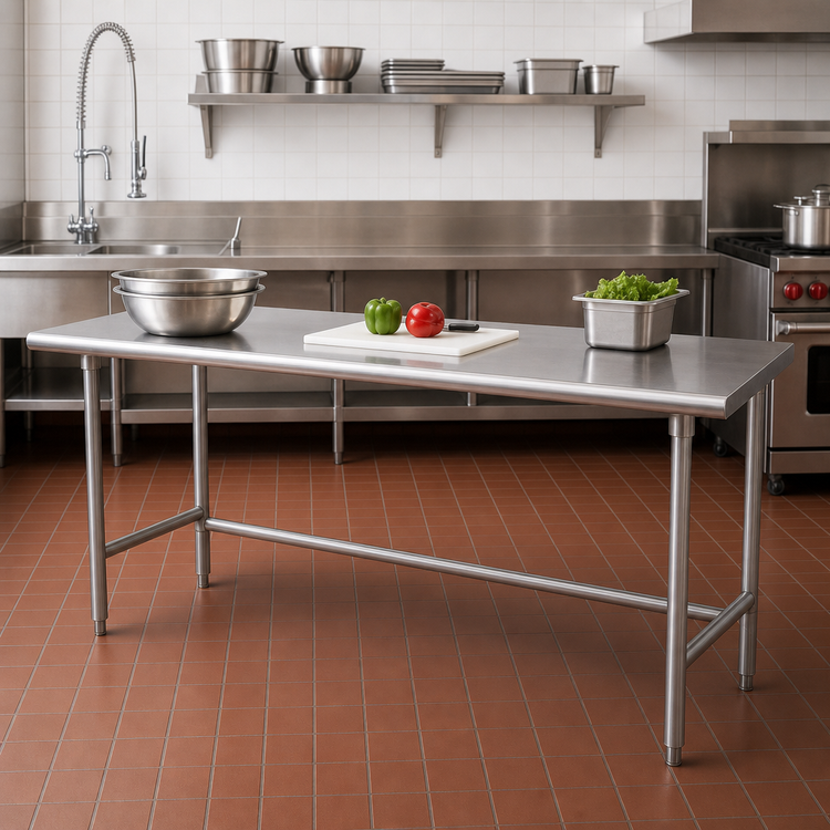 Product image #2 for Advance Tabco 108" x 24" Flat Top Open Base Work Table with 14-Gauge 304 Stainless Steel Top and Galvanized Legs